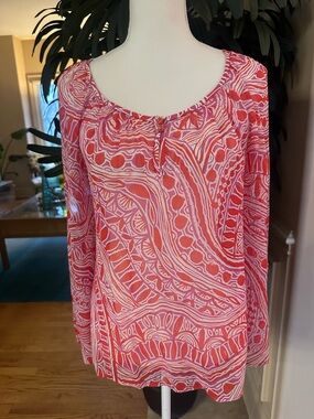 🩷❤️Trina Turk Pink & Orange Printed Long-Sleeve Sheer Blouse Size S❤️🩷